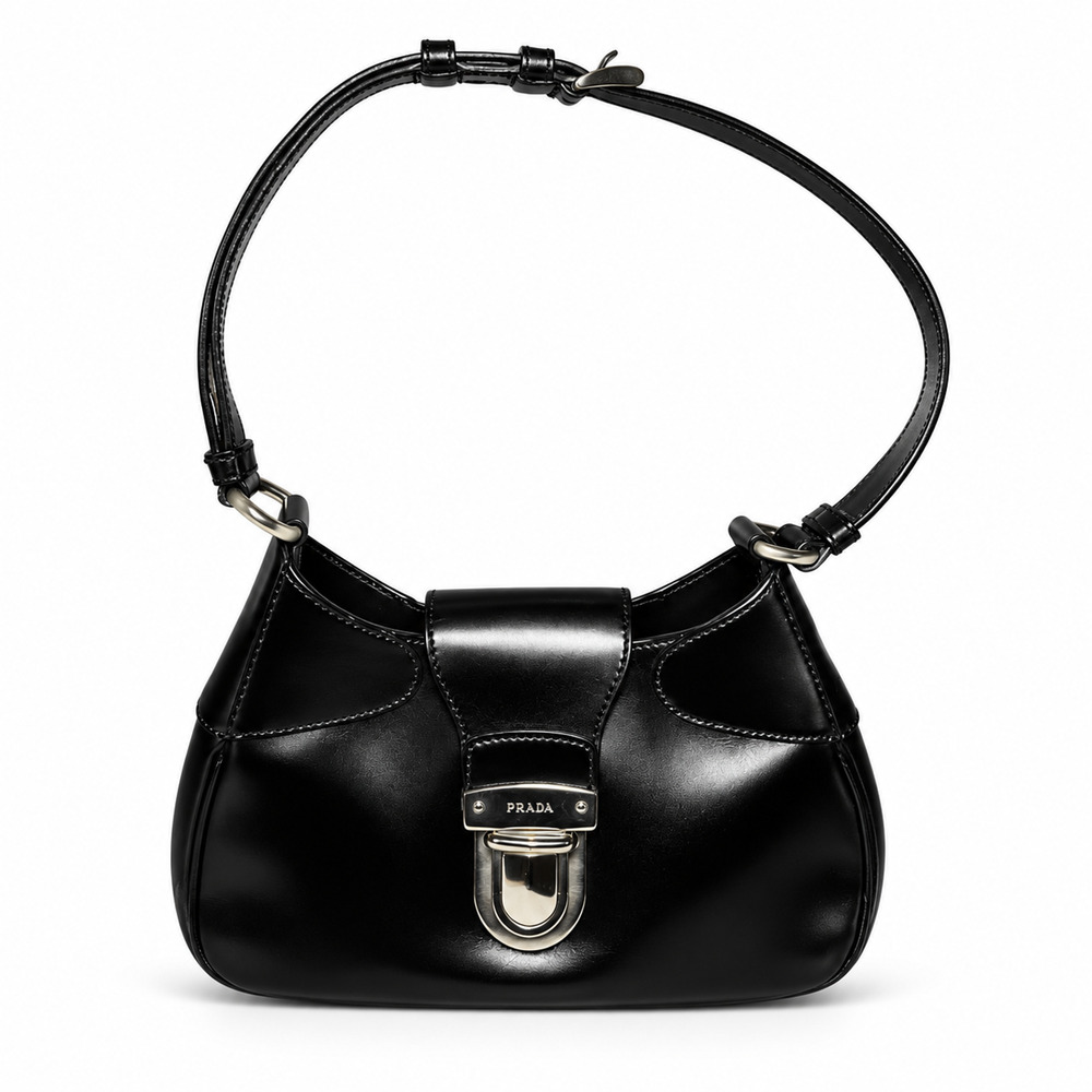 Prada Vintage 1990s Black Brushed Leather Push Lock Shoulder Bag Silver Italy